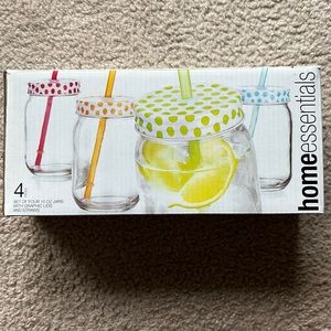 Home Essentials Glass Jar Cups with Lids and Straws